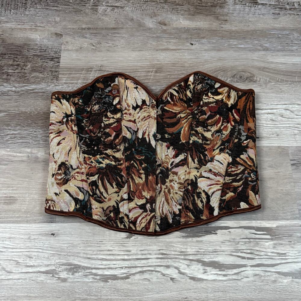 Alivila Y Tapestry Corset Top Brown Floral Lace Up Bustier Cottagecore Boho XXL